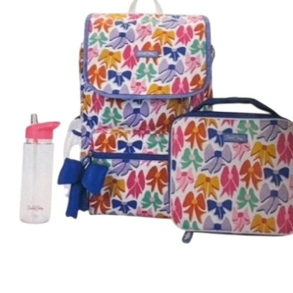 Packed Party Backpack Lunch Bag Water Bottle Set Rainbow Bow Print Padded Laptop